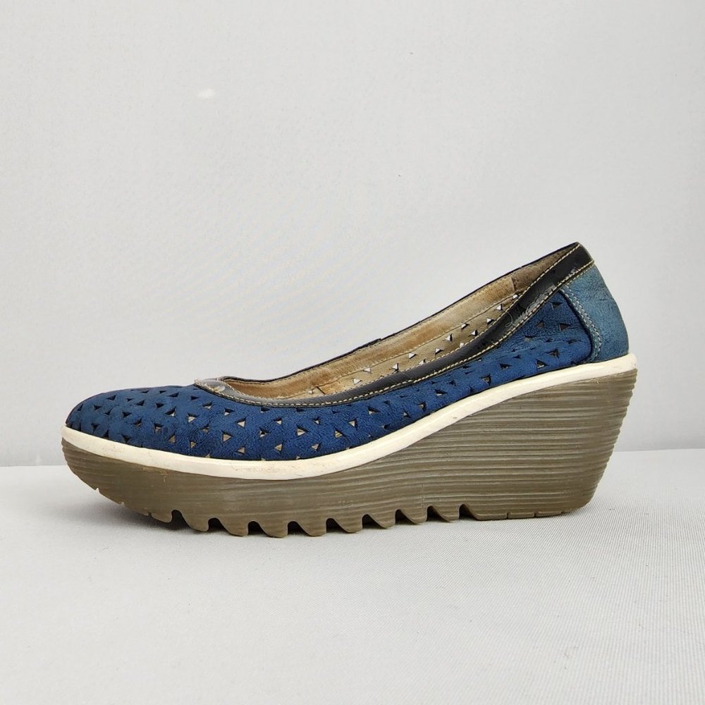 Fly London Blue Perforated Wedge Pumps